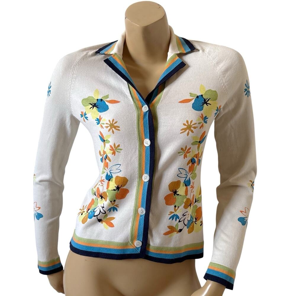 Judith Hart Petites Silk Blend Collared Cardigan Sweater Floral Womens Small
